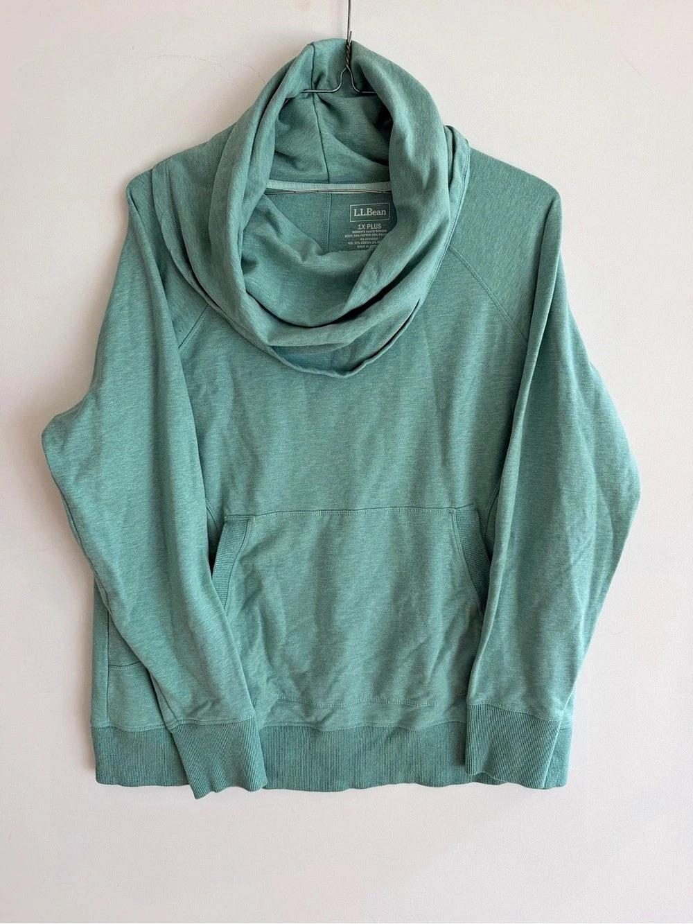 L.L.Bean Womens 1X Plus Cowl Neck Sweatshirt Mint Green Kangaroo Pullover 067